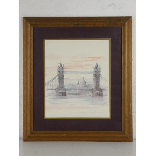 145 - A framed watercolour painting of Tower Bridge, London.