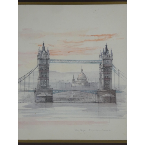 145 - A framed watercolour painting of Tower Bridge, London.