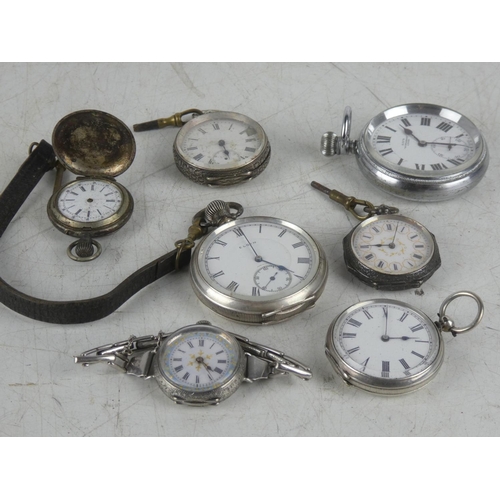 159 - A collection of 6 antique sterling silver cased pocket watches & another.