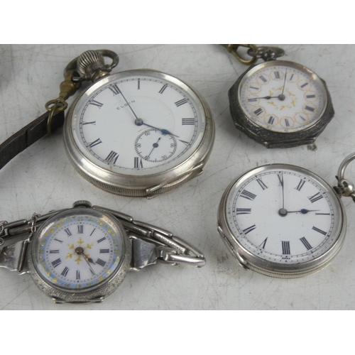 159 - A collection of 6 antique sterling silver cased pocket watches & another.