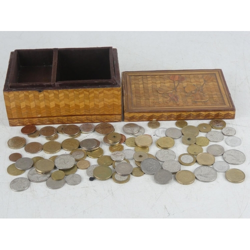 168 - A decorative wooden box containing assortment of coinage.