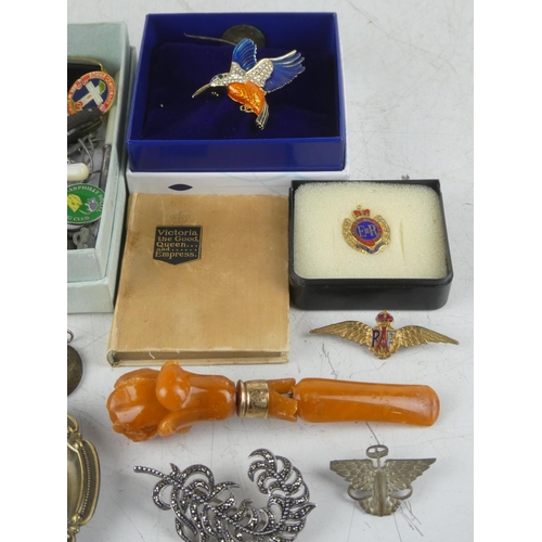 173 - A large assortment of various collectables, to include antique pipe with yellow metal band, sweethea... 