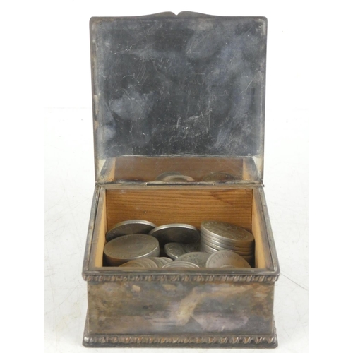 181 - A silver plated box containing large assortment of half crown coins.