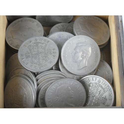 181 - A silver plated box containing large assortment of half crown coins.