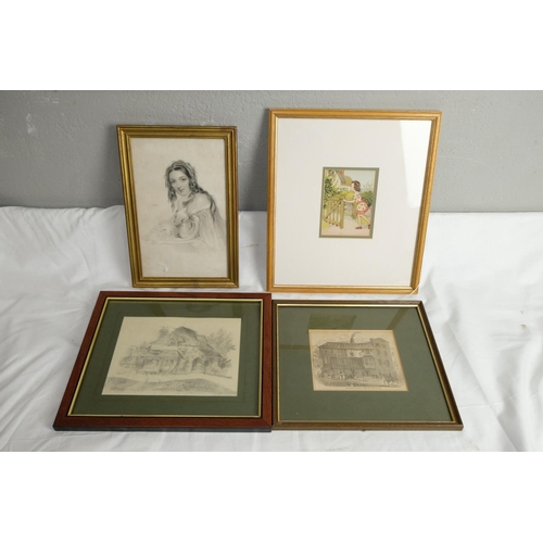 438 - A framed sketch out of a book 'Wooden House, Drogheda', a framed print 'Amy', and more.