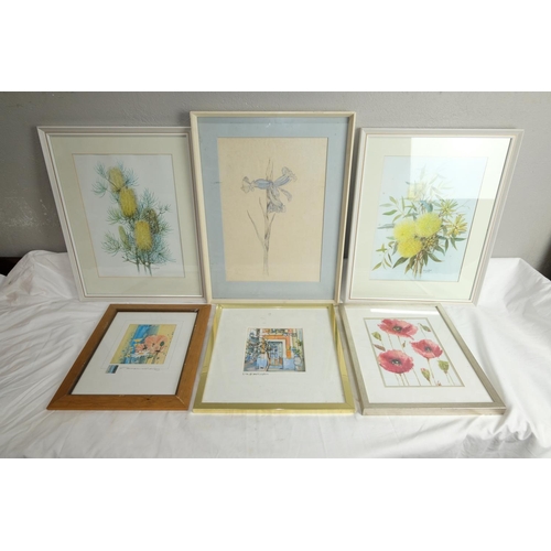 440 - A vintage framed pencil sketch of an Iris flower, and other floral prints and pictures.