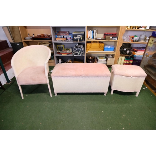 442 - A vintage lloyd loom ottoman and linen basket and chair.