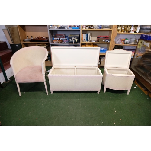 442 - A vintage lloyd loom ottoman and linen basket and chair.