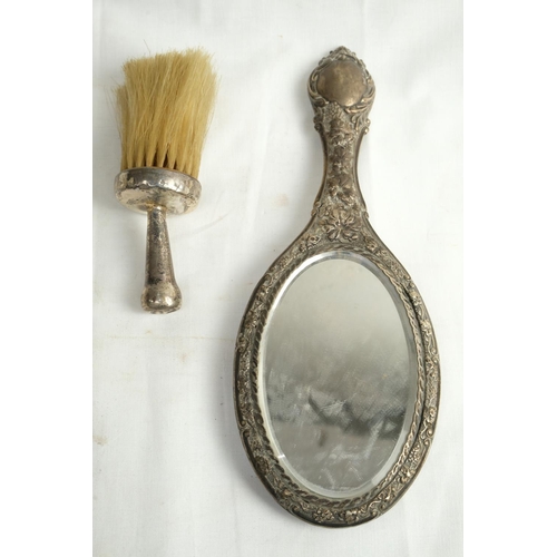 476 - A Sterling Silver backed shaving brush and antique dressing table mirror.