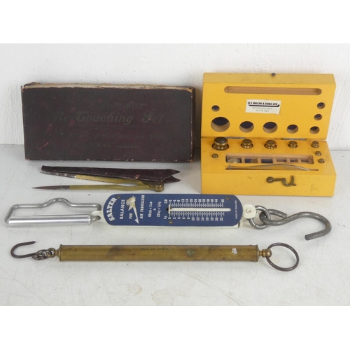 345 - A wooden cased set of H S Walsh & Sons Ltd scales, a vintage boxed Hanover Re-touching Set, a set of... 