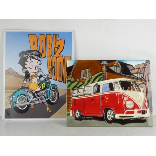 351 - A ceramic tile of a campervan and a metal sign 'Born 2 Boop'.