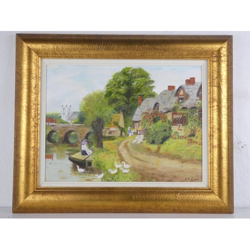 364 - A gilt framed oil painting 'Down by the River' signed A B Evans, measuring including frame 18