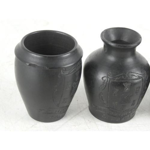 385 - Three miniature 'Ballymena' crested bog oak pots (a/f).