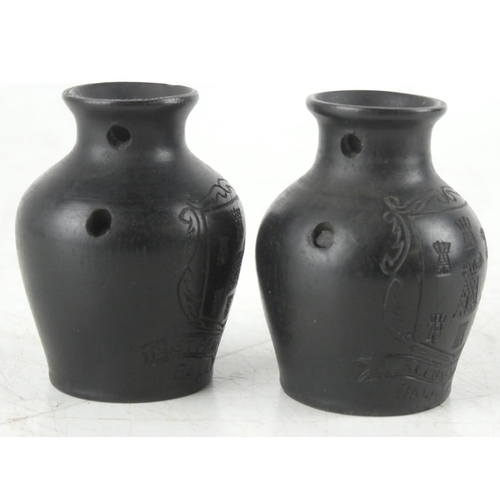 385 - Three miniature 'Ballymena' crested bog oak pots (a/f).