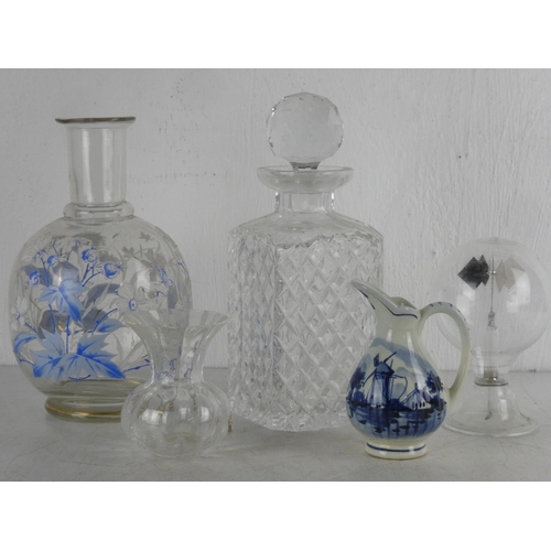 279 - A lot of glass to include decanter, hand painted water jug and more.