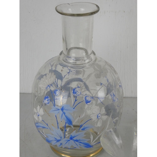 279 - A lot of glass to include decanter, hand painted water jug and more.