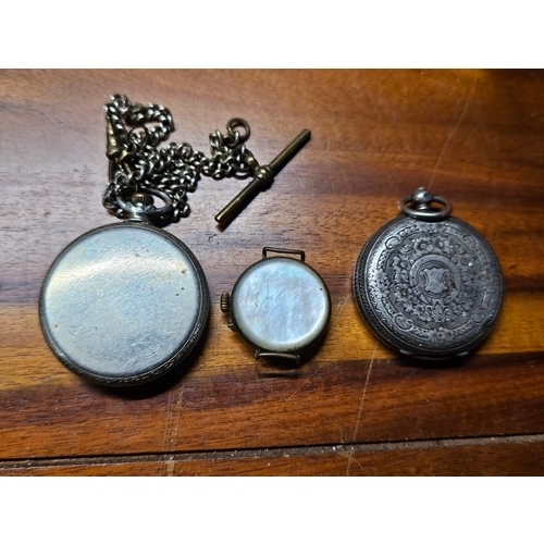 218 - 3 antique pocket watches for repair, to include a silver cased piece & more.