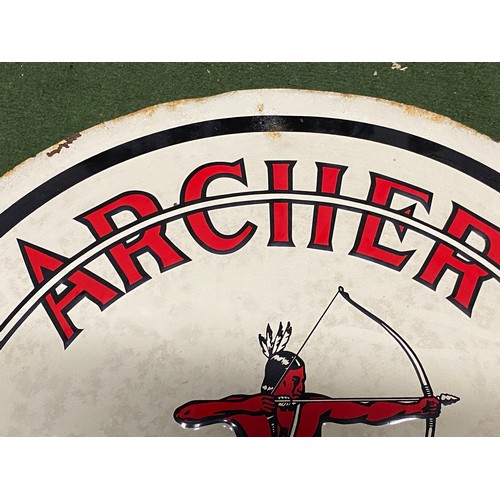 249 - A vintage Archer Motor Oil sign. Measuring 59cm in diameter.