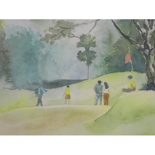 95 - A large framed watercolour of a golfing scene signed by the Artist.  Frame measuring approx 73x54cm.