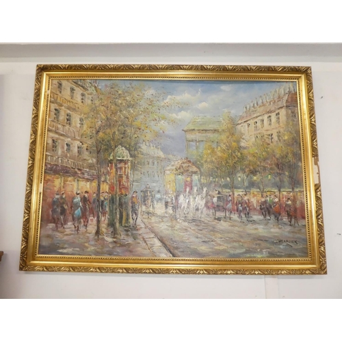 77 - A large gilt framed oil paining on board of a street scene, signed Chevalier, measuring including fr... 