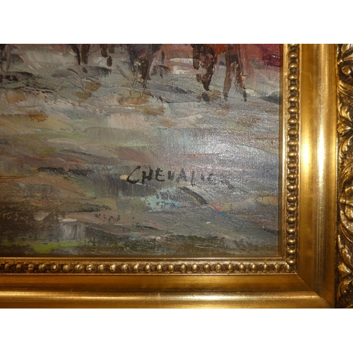 77 - A large gilt framed oil paining on board of a street scene, signed Chevalier, measuring including fr... 