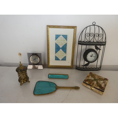 89 - A vintage dressing table mirror and brush, a Quartz mantle clock, jewellery box and more.