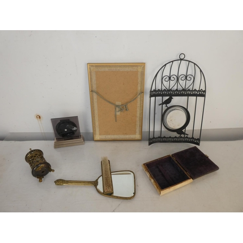 89 - A vintage dressing table mirror and brush, a Quartz mantle clock, jewellery box and more.