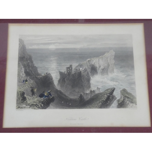 109 - Three framed local scene pictures 'Carrick a Rede, Dunseverick Castle and Kenbane Castle'.  Each mea... 