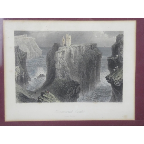 109 - Three framed local scene pictures 'Carrick a Rede, Dunseverick Castle and Kenbane Castle'.  Each mea... 