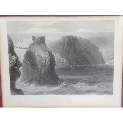 109 - Three framed local scene pictures 'Carrick a Rede, Dunseverick Castle and Kenbane Castle'.  Each mea... 