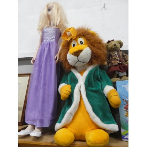 139 - A boxed Junior globe of the world, a large stuffed toy of a lion, a large floor standing toy doll me... 