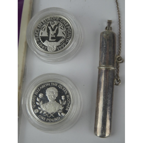 166 - A vintage white metal toothpick holder, along with 2 Sterling Silver Proof coins & commemorative med... 