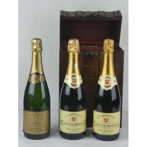 174 - 3 bottles of champagne, to include Andre Carpentier Champagne & more, in wooden bottle holder.