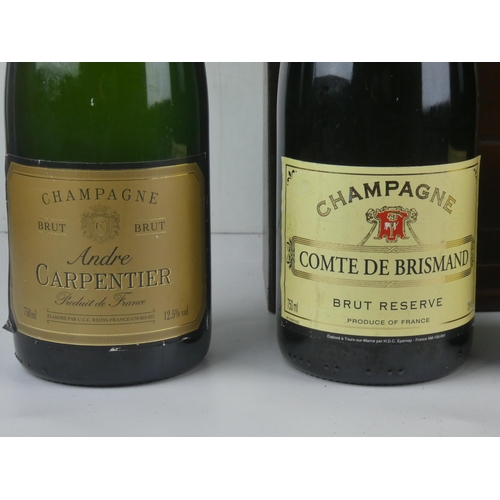 174 - 3 bottles of champagne, to include Andre Carpentier Champagne & more, in wooden bottle holder.