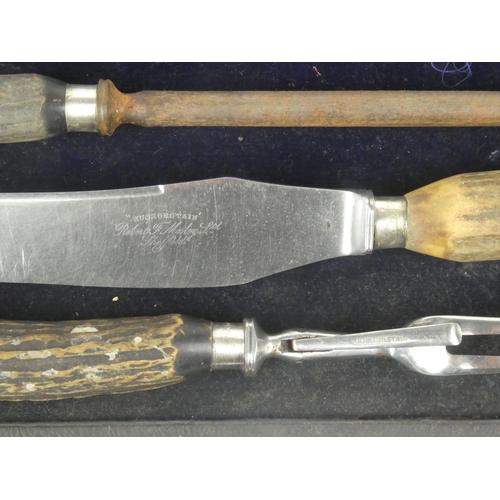 296 - A vintage cased L Thompson & Co, Sheffield bone handled carving set and another by Robert F Morley L... 