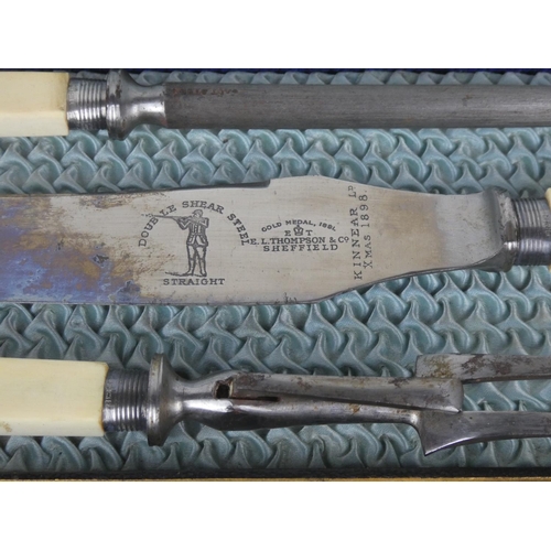 296 - A vintage cased L Thompson & Co, Sheffield bone handled carving set and another by Robert F Morley L... 