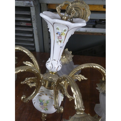 307 - A vintage five branch ceiling light with decorative porcelain detail.