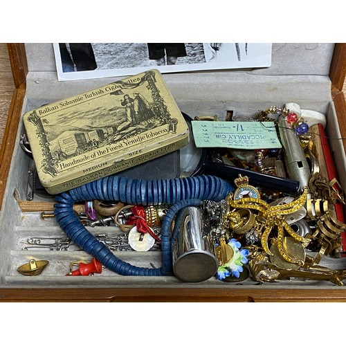 162 - A wooden jewellery box containing assortment of various collectables, to include jewellery, stamps &... 