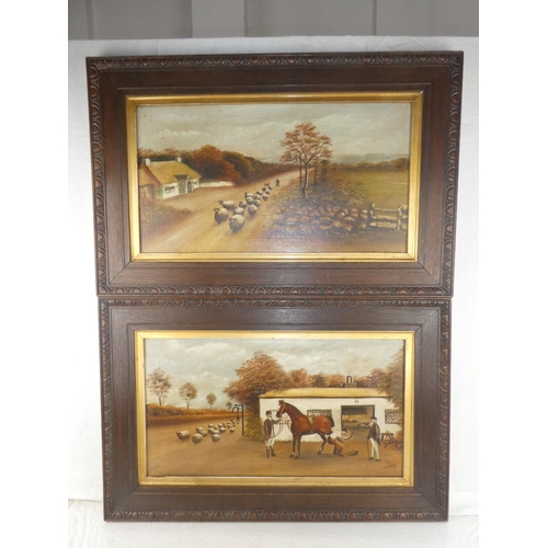 17 - A pair of antique oak framed oil paintings of Country/ Farming scenes, measuring including frame 29