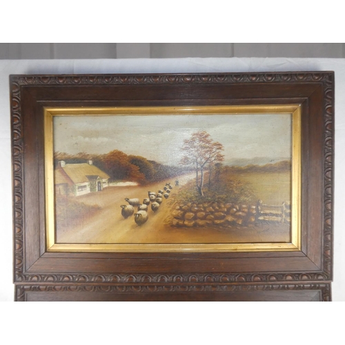 17 - A pair of antique oak framed oil paintings of Country/ Farming scenes, measuring including frame 29