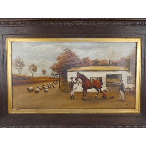 17 - A pair of antique oak framed oil paintings of Country/ Farming scenes, measuring including frame 29