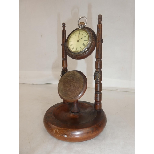 23 - A stunning antique wooden pocket watch holder and pin cushion, including a Sterling Silver pocket wa... 