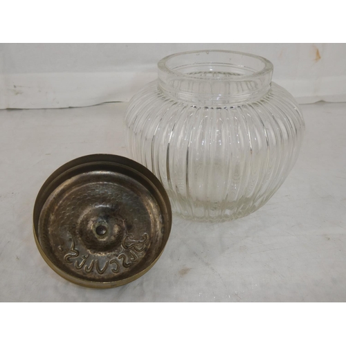 25 - A vintage glass 'Biscuit' jar with brass lid, measuring 6.5