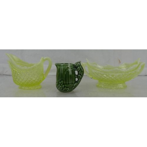 63 - A stunning Uranium glass milk jug and sugar bowl (a/f) and a miniature Sylvac 1993 pottery jug.