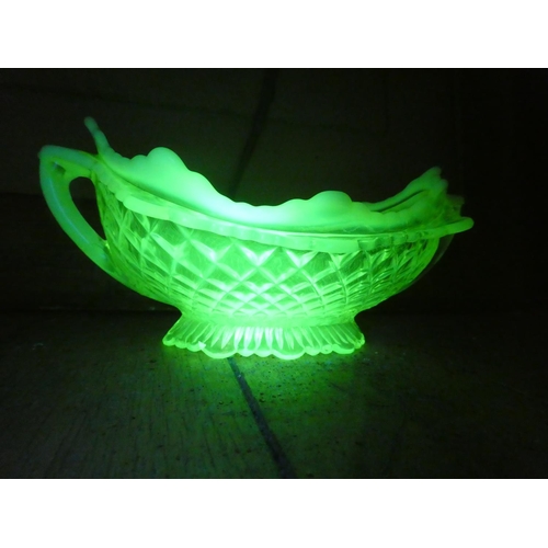 63 - A stunning Uranium glass milk jug and sugar bowl (a/f) and a miniature Sylvac 1993 pottery jug.