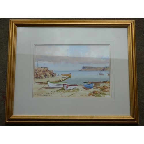 64 - A stunning gilt framed watercolour of Ballycastle Harbour, signed by Irish artist Sam McLarnon, meas... 