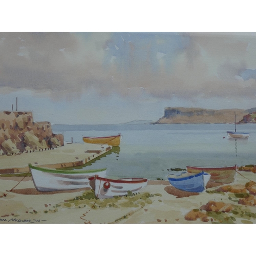 64 - A stunning gilt framed watercolour of Ballycastle Harbour, signed by Irish artist Sam McLarnon, meas... 