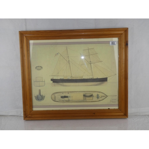 83 - A framed print of a ships drawing by Harland & Wolff, Belfast, measuring including frame25