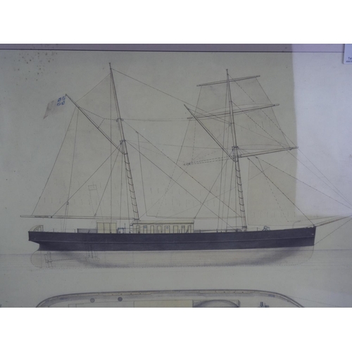 83 - A framed print of a ships drawing by Harland & Wolff, Belfast, measuring including frame25