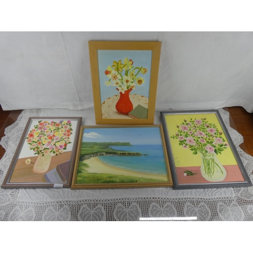 84 - Three floral oil painting and another of Portbradden measuring 13